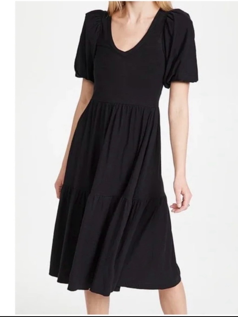 Nation LTD Geri Short Sleeve Midi Dress M Black Tiered Puff Sleeve Cottage Knit